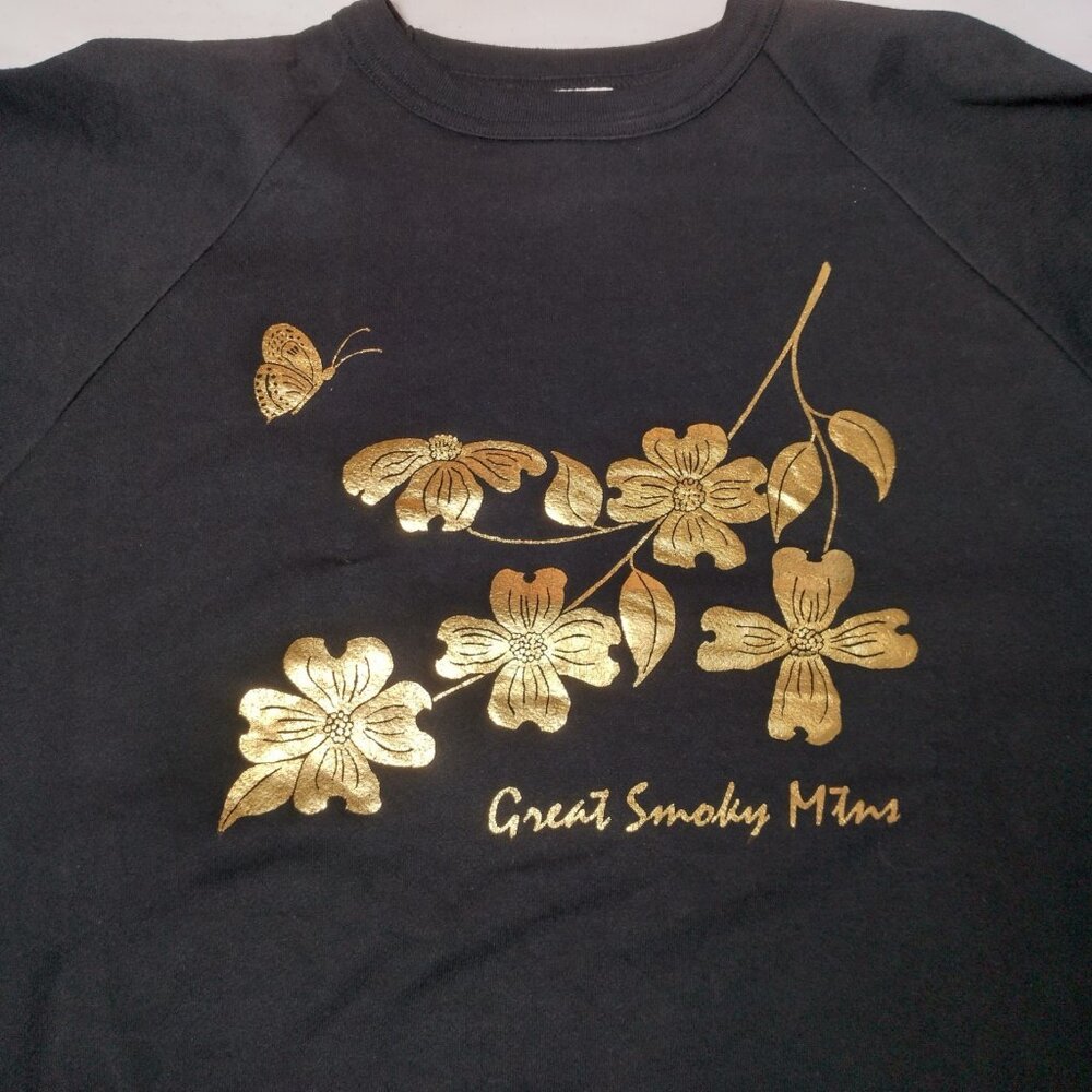 Vintage Great Smoky Mountains Sweatshirt XL Black Gold Flowers Raglan Alore USA